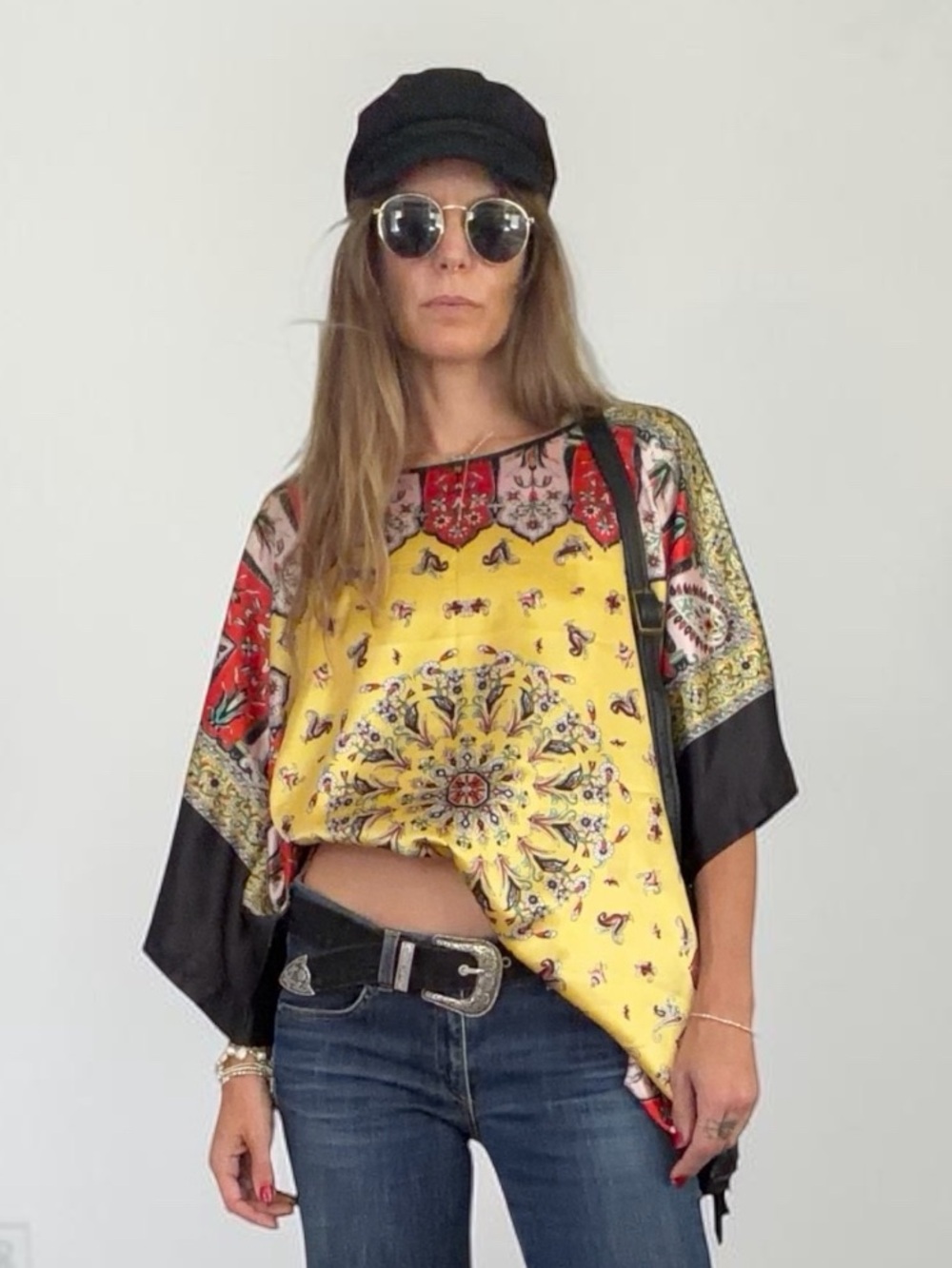 Free People Inspired Paisley Silk Scarf-Print Kimono Blouse